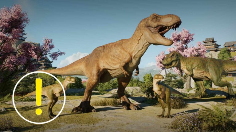 Mehrere detailreich animierte Tyrannosaurier stehen in einer üppigen Landschaft mit Kirschblütenbäumen und fernöstlicher Architektur – Szenenbild aus Jurassic World Evolution 3.