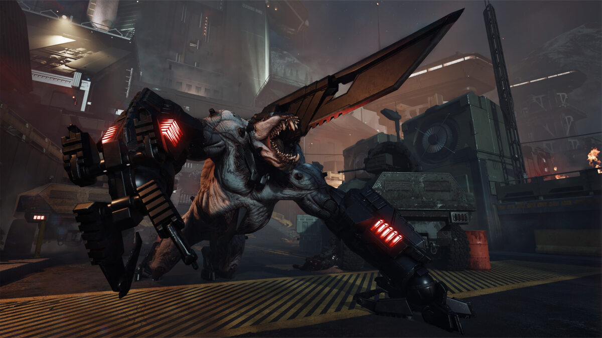Ein Impaler, ein gigantischer Mutant mit einer Klinge auf dem Kopf, rennt schreiend über eine Militärstation in Killing Floor 3.