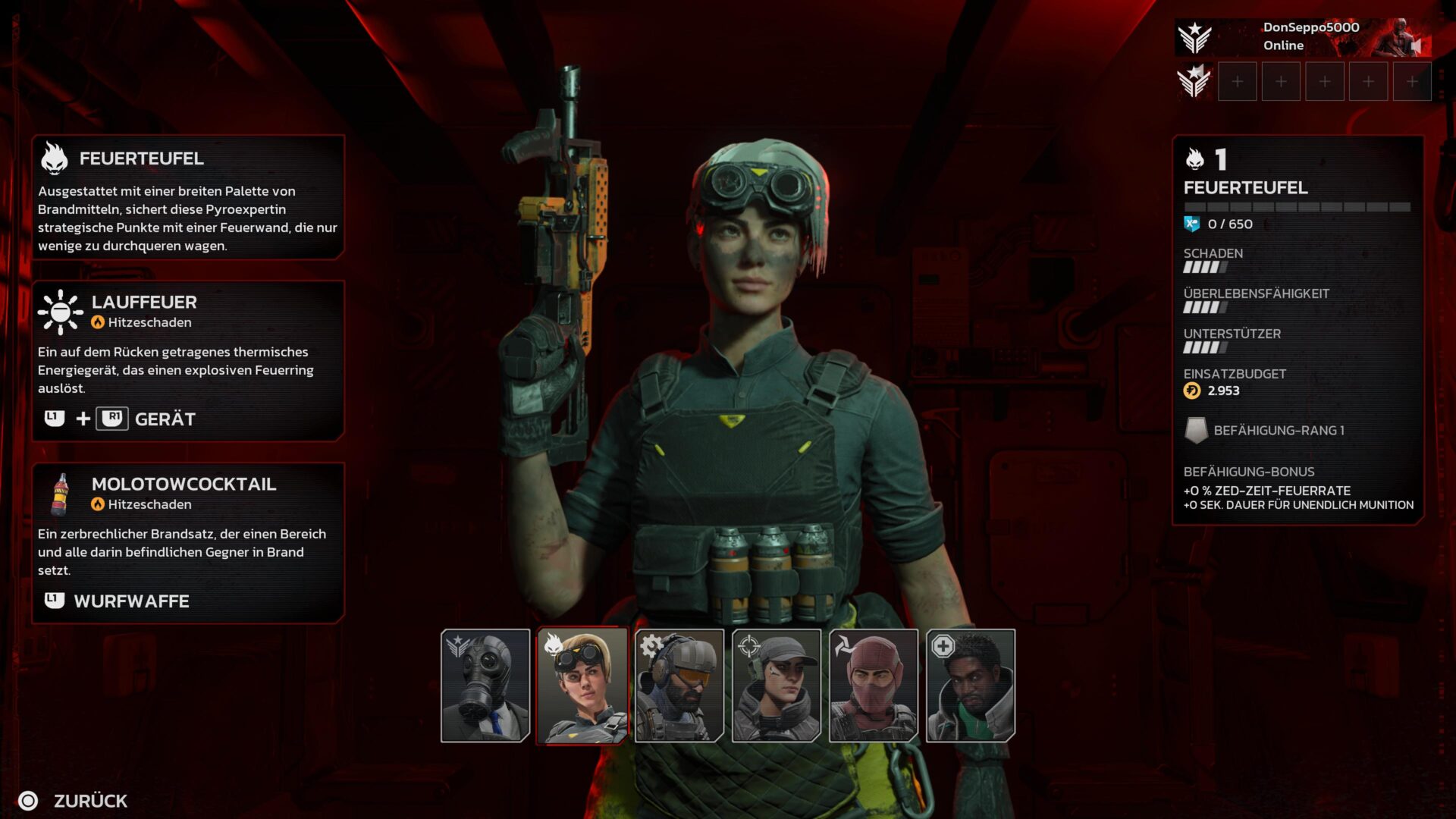 Ein Auswahlbildschirm in Killing Floor 3 zeigt die Klasse "Feuerteufel".
