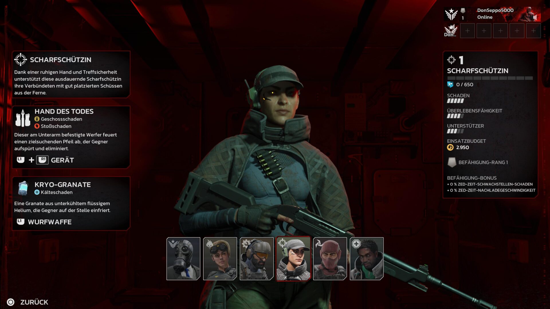 Ein Auswahlbildschirm in Killing Floor 3 zeigt die Klasse "Scharfschütze".