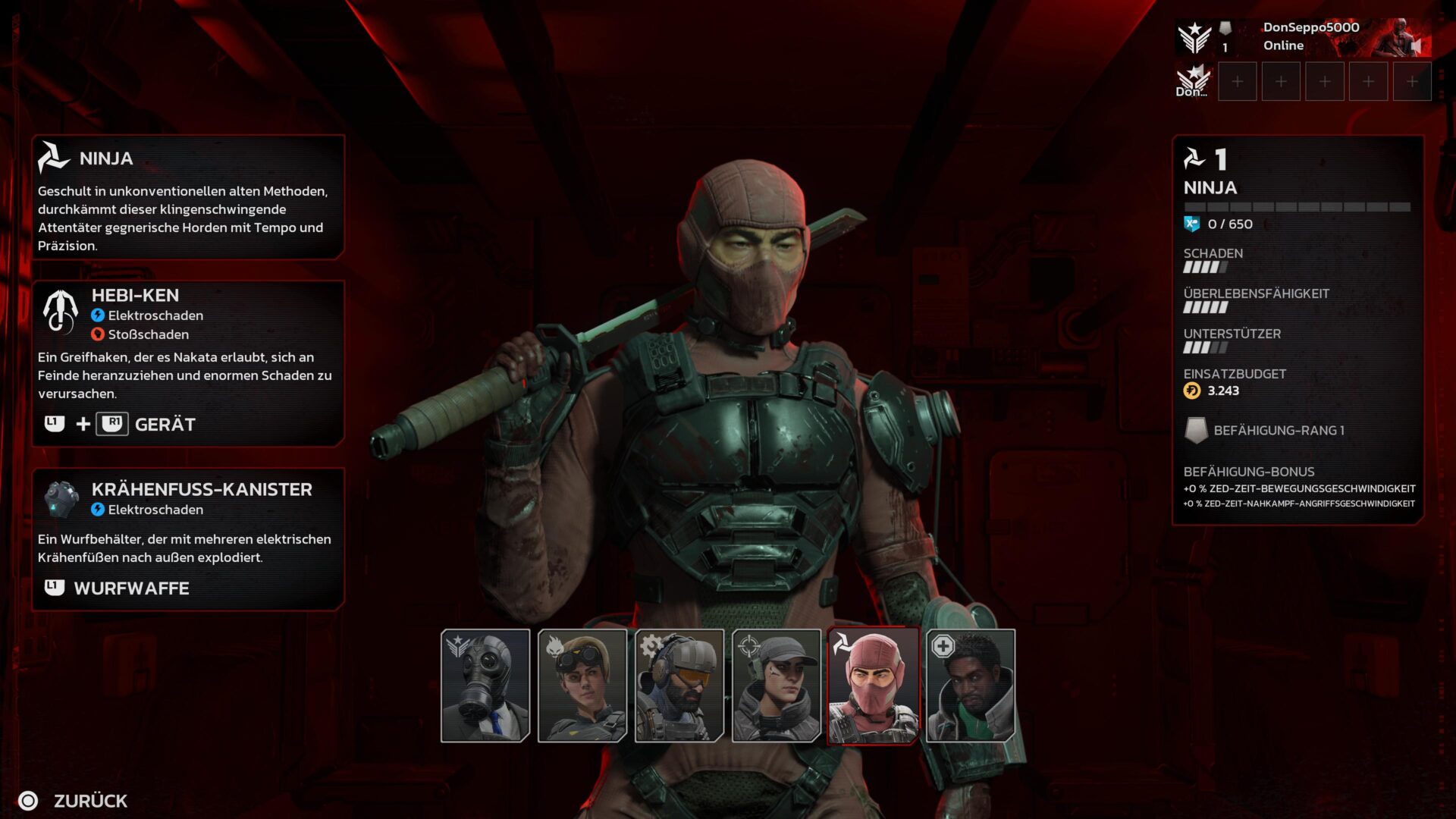 Ein Auswahlbildschirm in Killing Floor 3 zeigt die Klasse "Ninja".