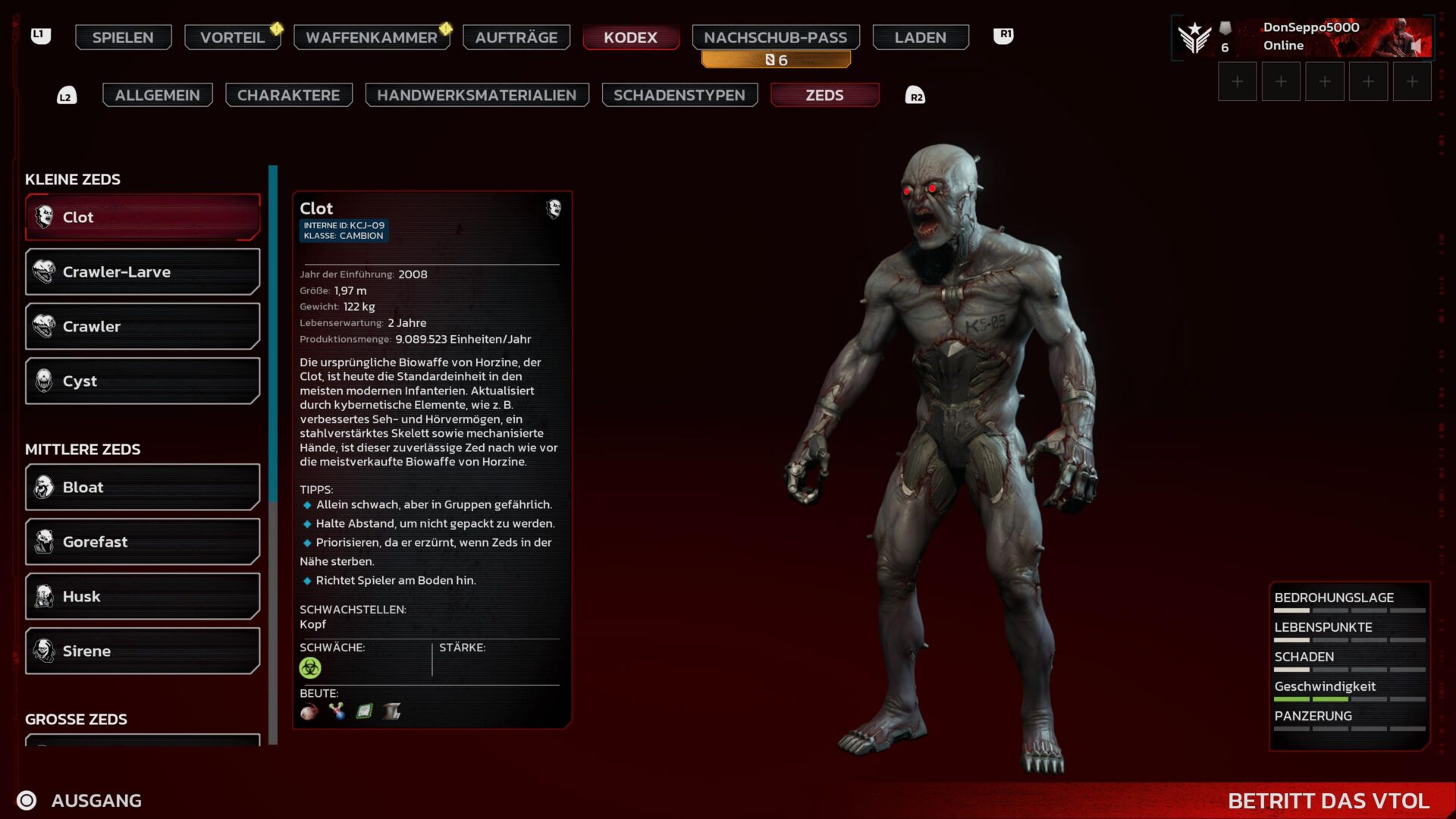 Ein Kodex-Eintrag aus Killing Floor 3 zeigt den Zed "Clot".