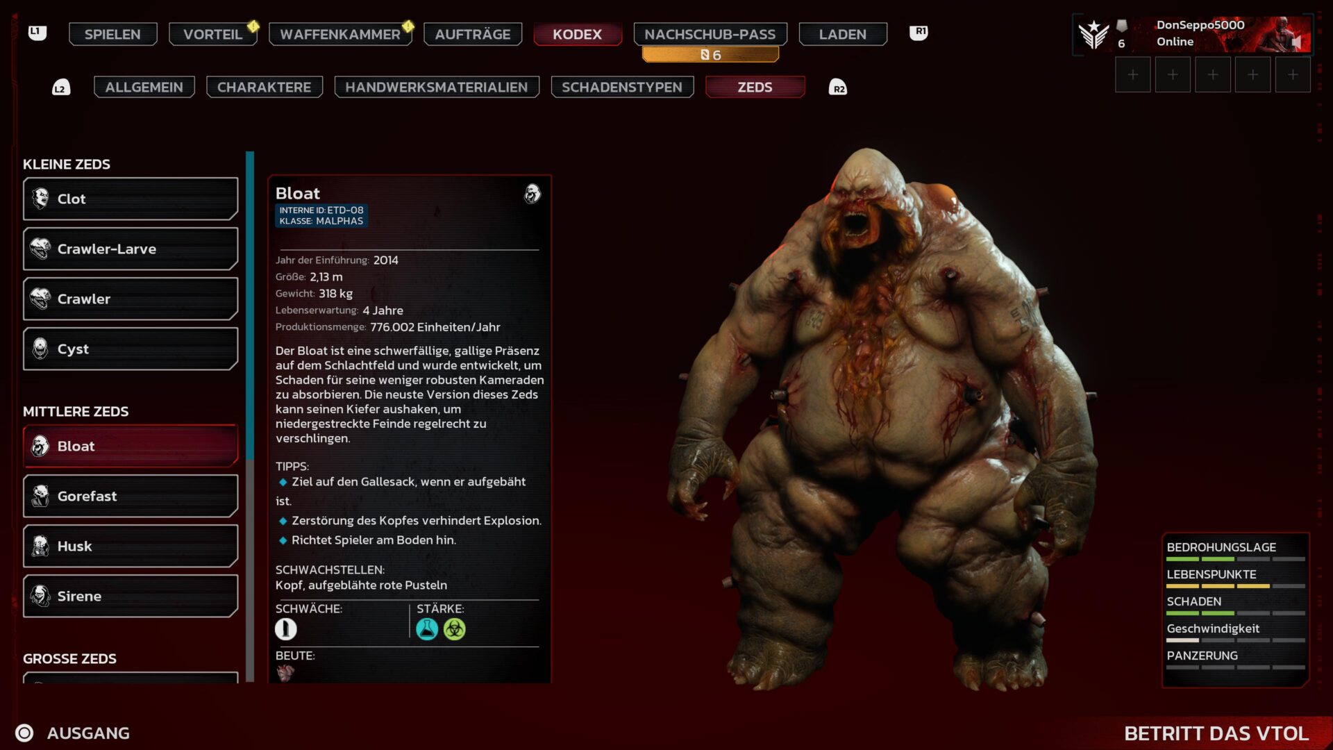 Ein Kodex-Eintrag aus Killing Floor 3 zeigt den Zed "Bloat".