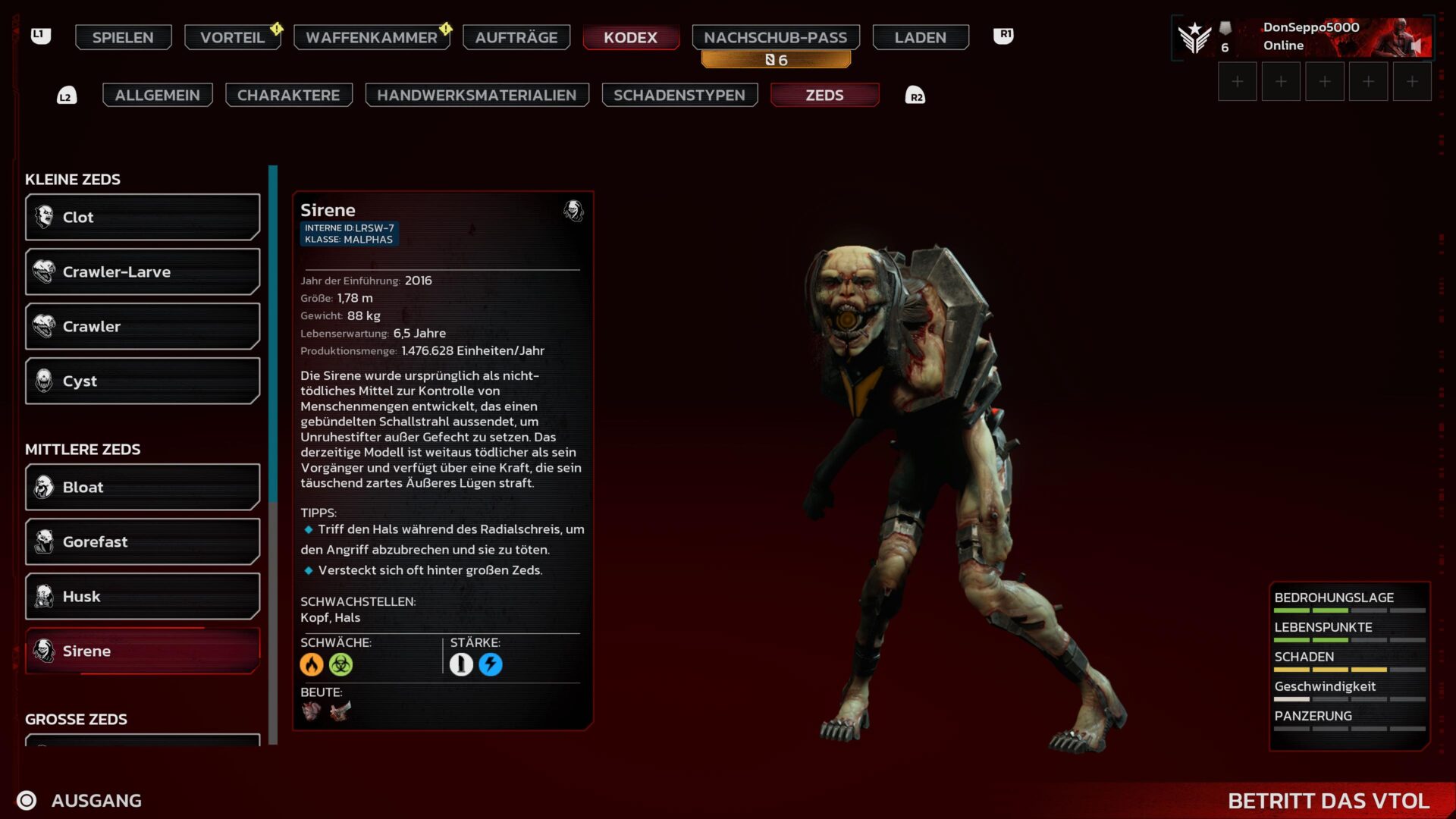 Ein Kodex-Eintrag aus Killing Floor 3 zeigt den Zed "Siren".