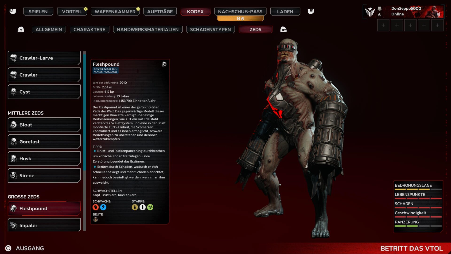 Ein Kodex-Eintrag aus Killing Floor 3 zeigt den Zed "Fleshpound".