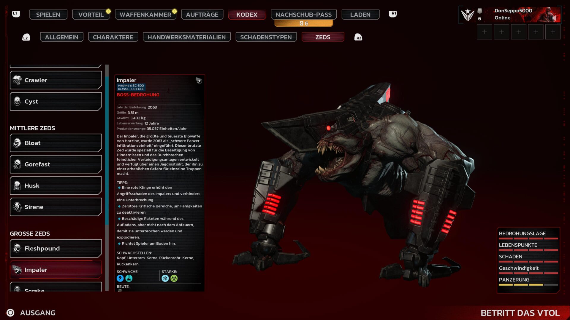Ein Kodex-Eintrag aus Killing Floor 3 zeigt den Zed "Impaler".