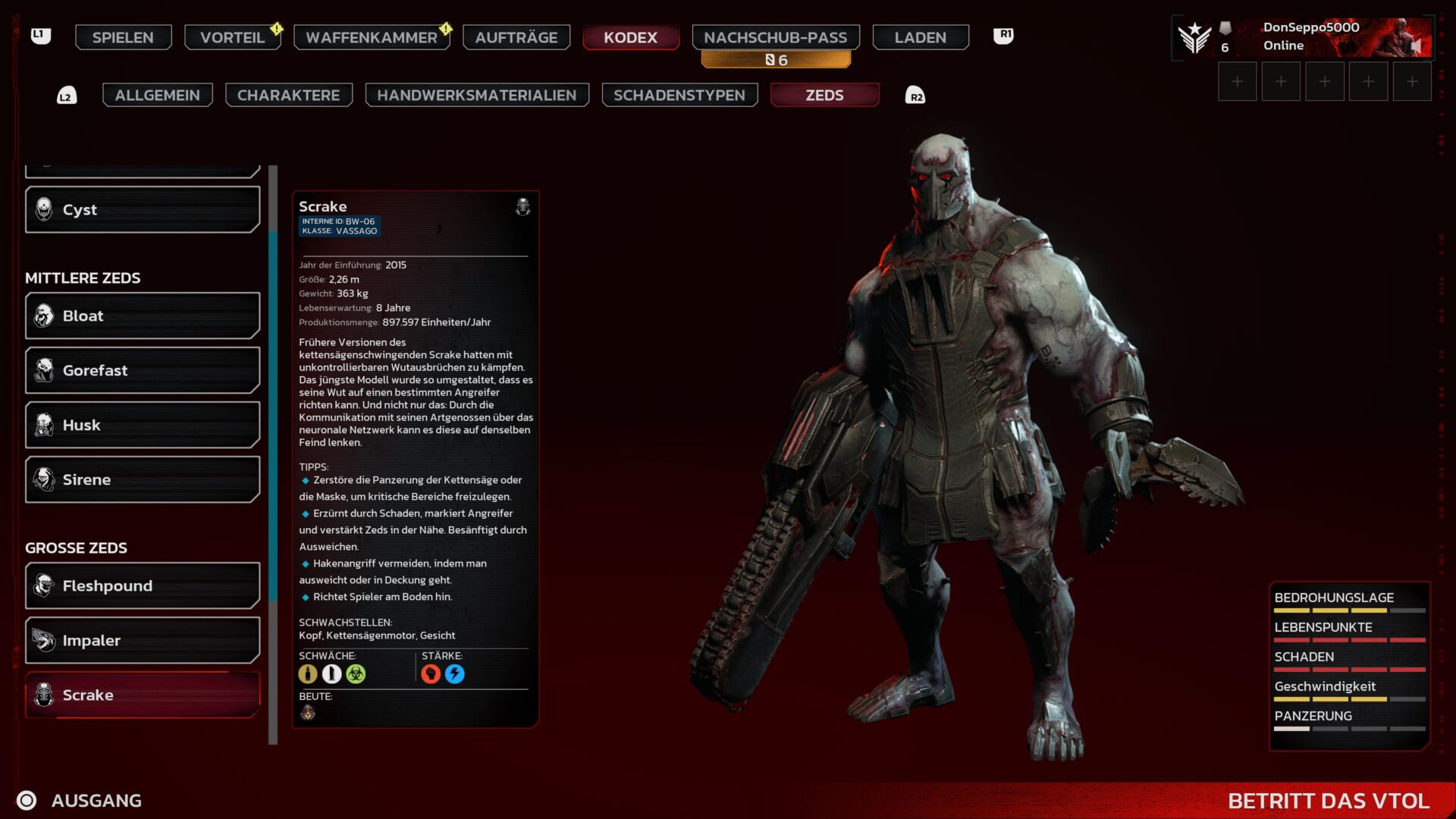 Ein Kodex-Eintrag aus Killing Floor 3 zeigt den Zed "Scrake".
