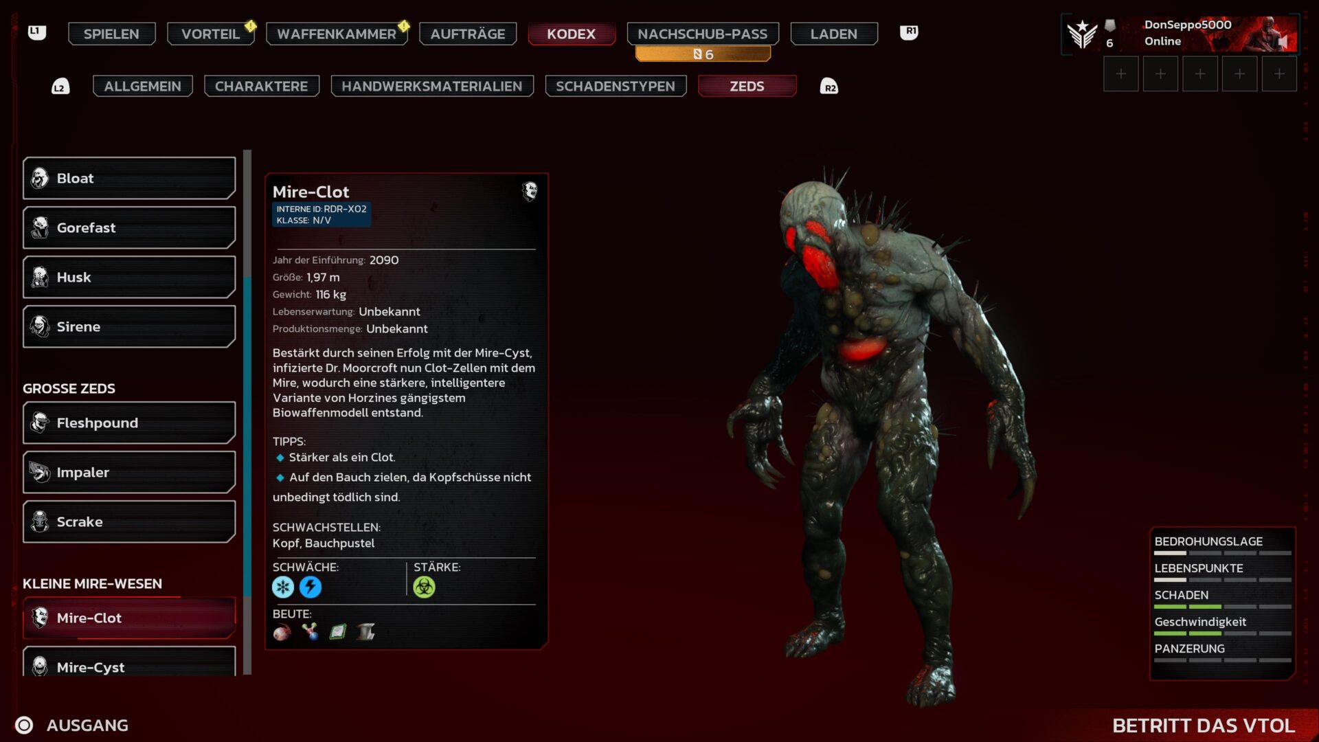 Ein Kodex-Eintrag aus Killing Floor 3 zeigt den Zed "Mire Clot".