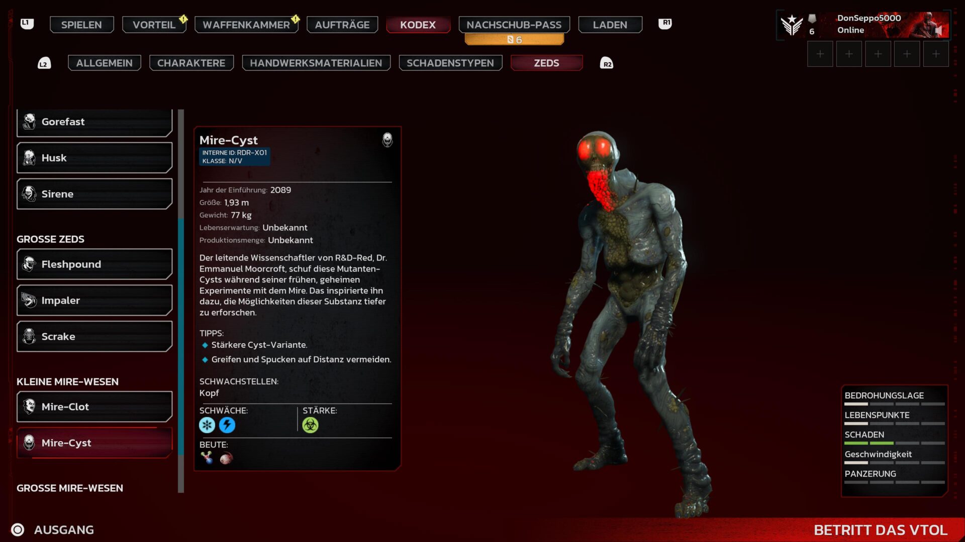 Ein Kodex-Eintrag aus Killing Floor 3 zeigt den Zed "Mire Cyst".