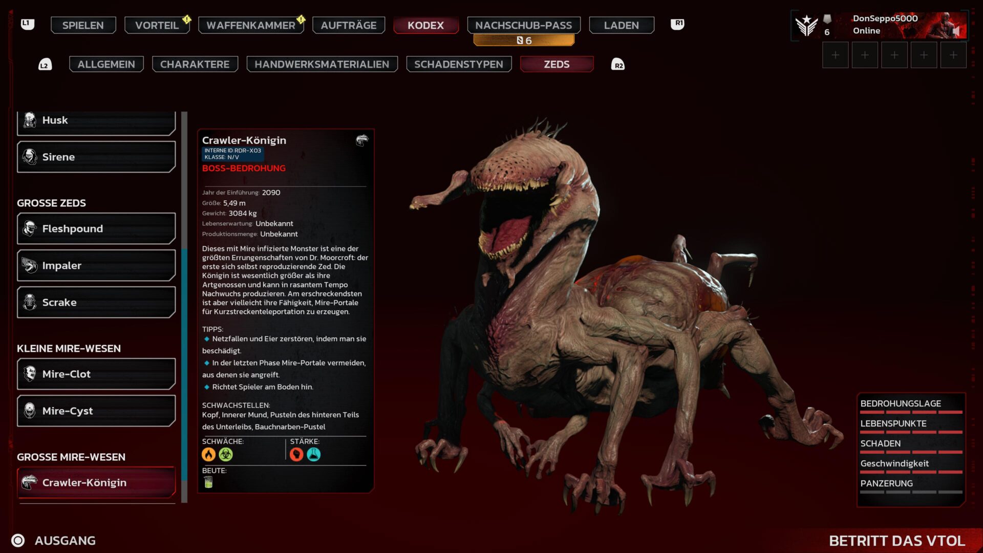 Ein Kodex-Eintrag aus Killing Floor 3 zeigt den Zed "Crawler-Königin".