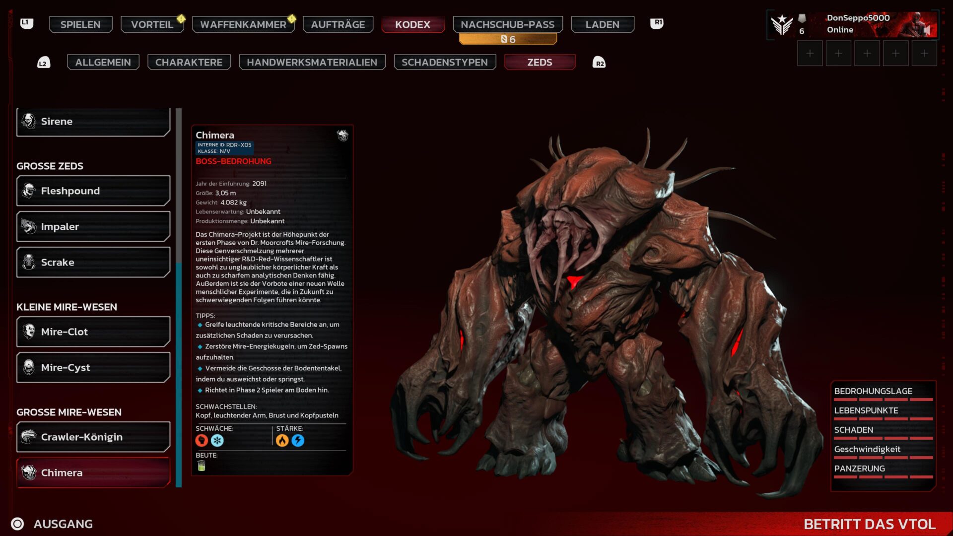 Ein Kodex-Eintrag aus Killing Floor 3 zeigt den Zed "Chimera".