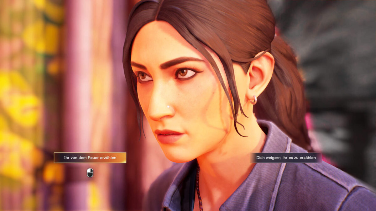 Safi schaut konzentriert. Davor zwei Entscheidungsmöglichkeiten als Dialogoption.