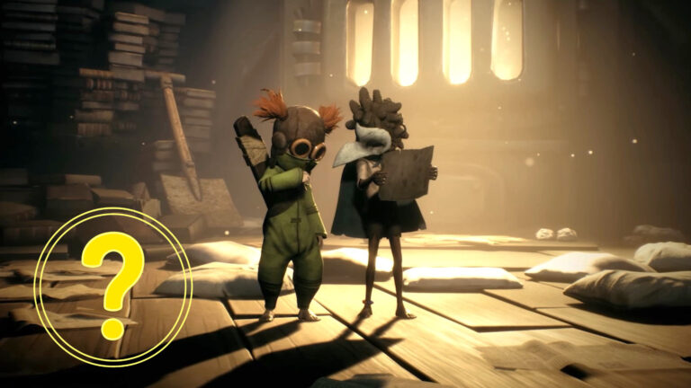 Die beiden Protagonisten aus Little Nightmares 3, die gemeinsam auf ein Blatt Papier schauen.