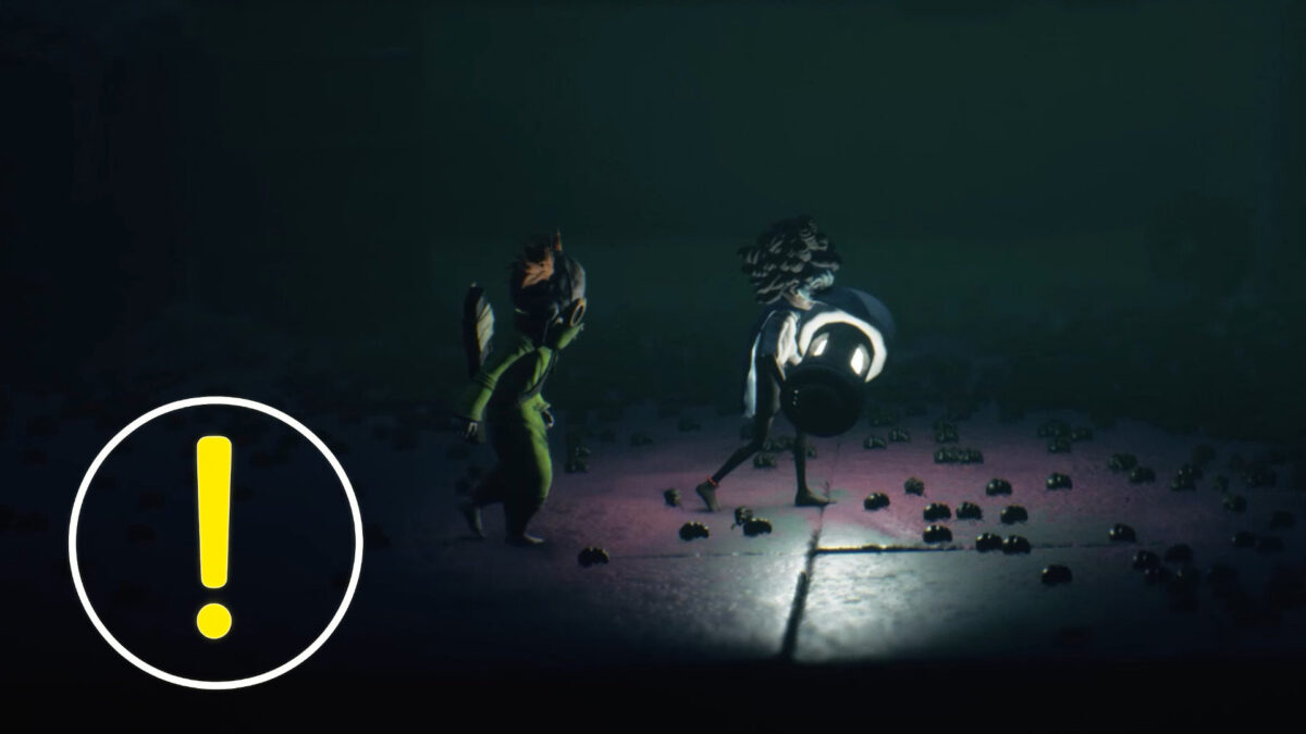 Two masked children walk through the darkness with a lantern.
