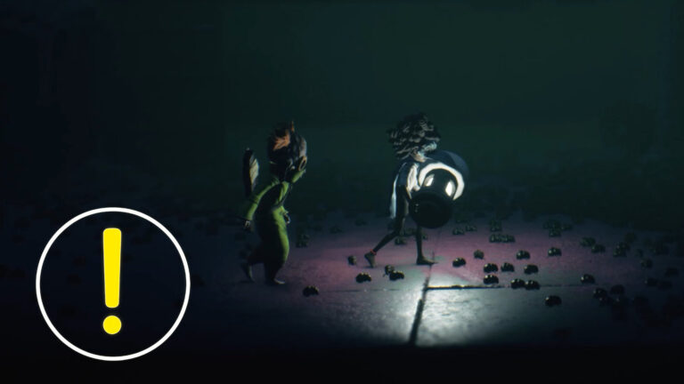 Two masked children walk through the darkness with a lantern.