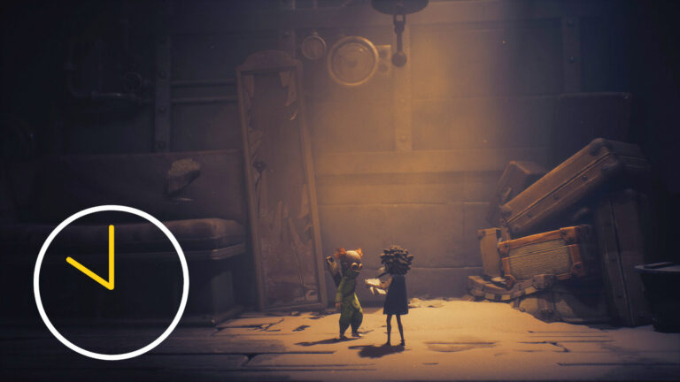 Two little figures are standing side by side in a large room.
