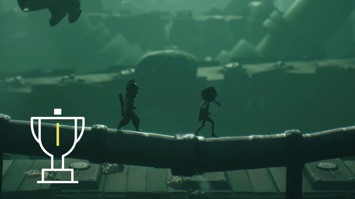 Two costumed children sneak across an old pipe.