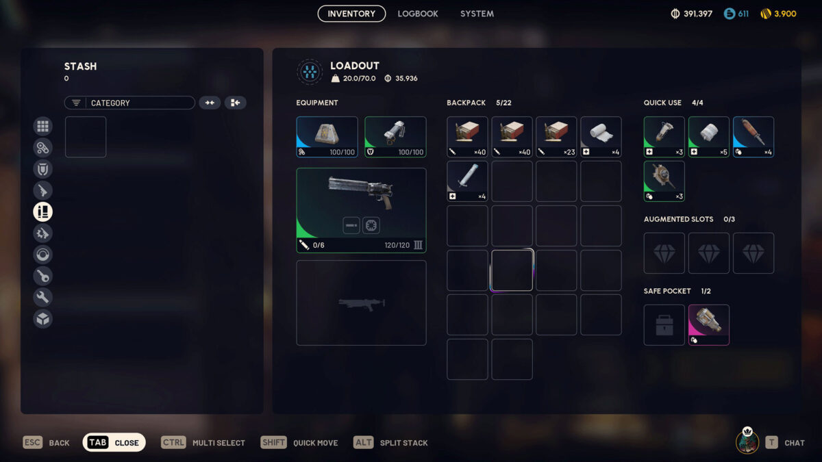 Inventar-Menü aus Arc Raiders: Übersichtliche Loadout-Ansicht mit ausgerüsteter Waffe, Rüstungsteilen, Ressourcenstapeln im Rucksack, Schnellzugriffs-Items sowie freien Upgrade- und Safe-Pocket-Slots.