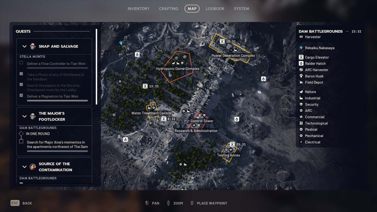 ARC Raiders Map: Markierte Loot-Stufen und Quest-Orte im Dam Battleground – Übersicht wichtiger Bereiche und Ressourcen.