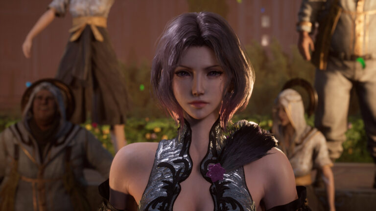 Close-up of a female character in silver-black armor with short purple hair, looking directly at the camera, while other figures stand blurred in the background in Lost Soul Aside.