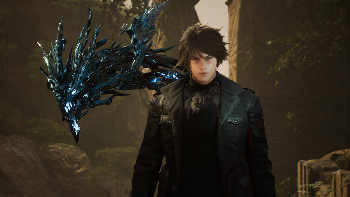 A man in full black next to a blue flying dragon.