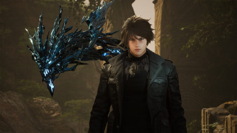 A man in full black next to a blue flying dragon.