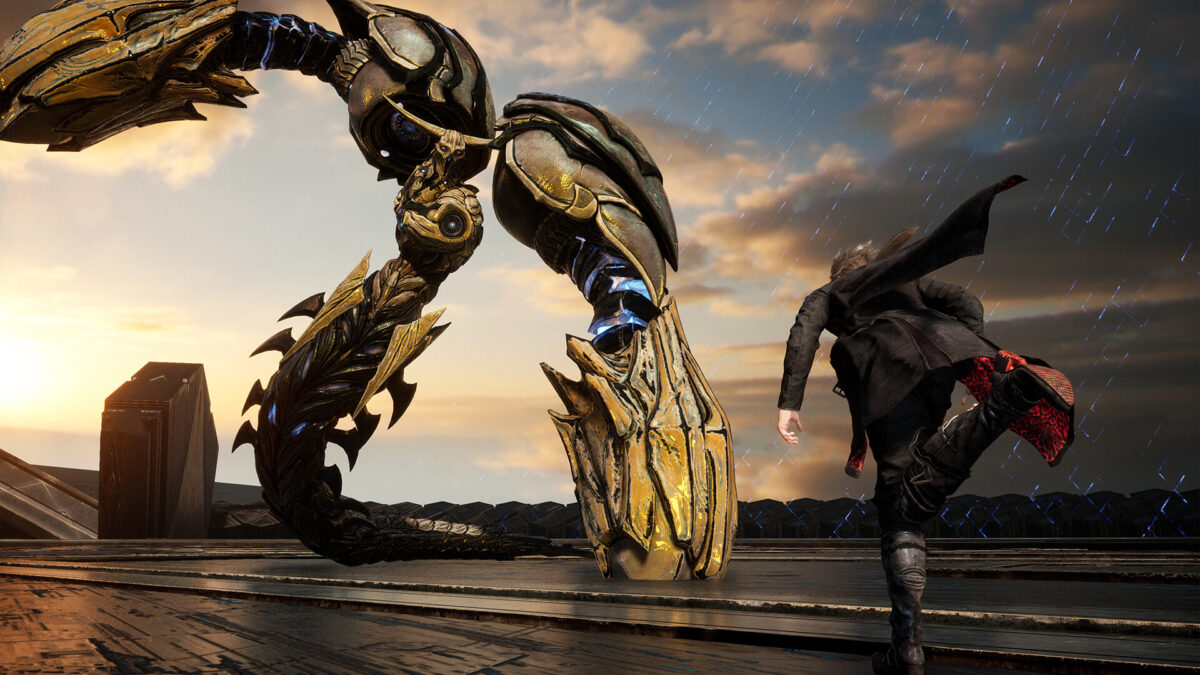 A young man runs toward a mechanical enemy.