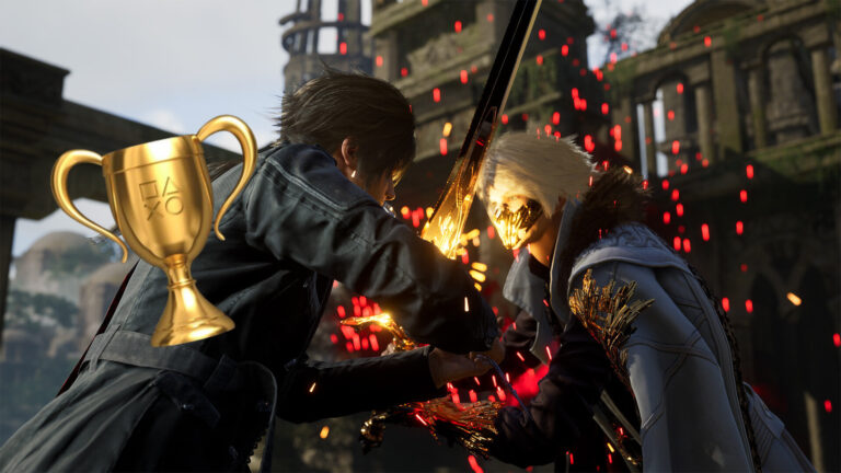 Two men clash in a sword fight.