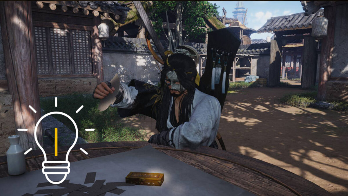 Madiao Kartenspiel Szene: Charakter sitzt am Tisch und spielt Karten in asiatischem Dorf-Setting