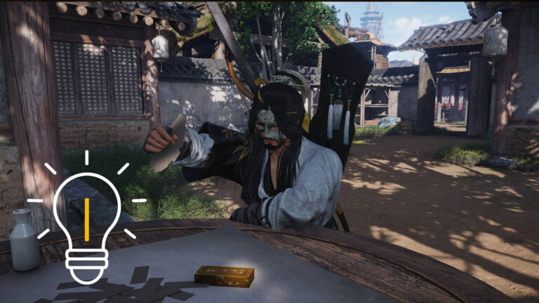 Madiao Kartenspiel Szene: Charakter sitzt am Tisch und spielt Karten in asiatischem Dorf-Setting