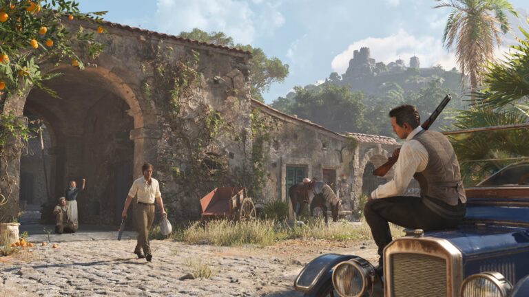 Two mafiosi with guns in their hands stand facing each other in an old Sicilian courtyard.