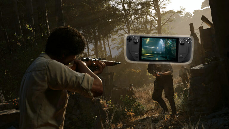 Eine Spielszene aus Mafia: The Old Country zeigt den Protagonisten, der in einem Wald mit einem Gewehr auf einen Mann zielt.