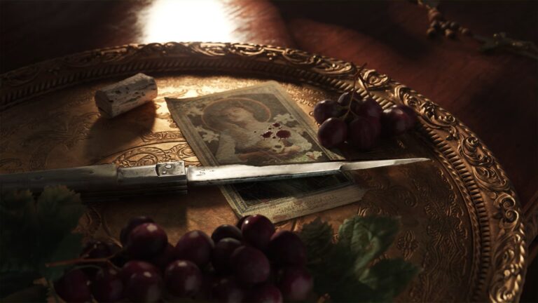 A knife lies on a golden tray with grapes, a cork, and a bloodstained playing card.