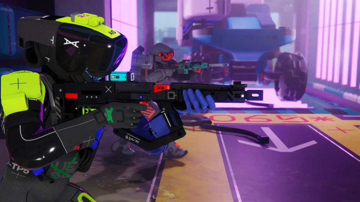Zwei Spiele mit einer Waffe in der Hand, die in eine Richtung zielen.