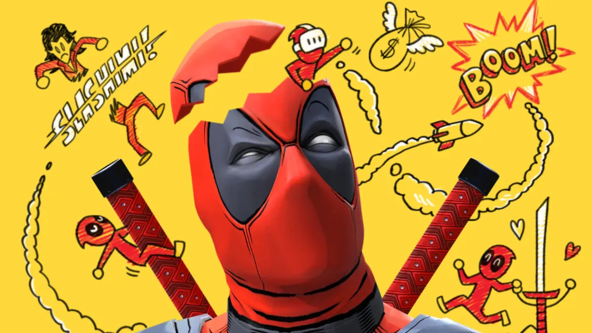 Der Marvel-Held Deadpool auf orangefarbenem Hintergrund mit verschiedenen Zeichnungen kündigt sein VR-Spiel an.