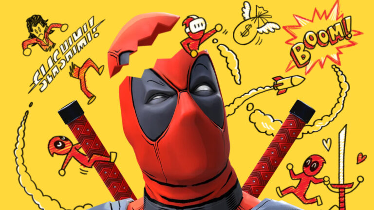 Der Marvel-Held Deadpool auf orangefarbenem Hintergrund mit verschiedenen Zeichnungen kündigt sein VR-Spiel an.
