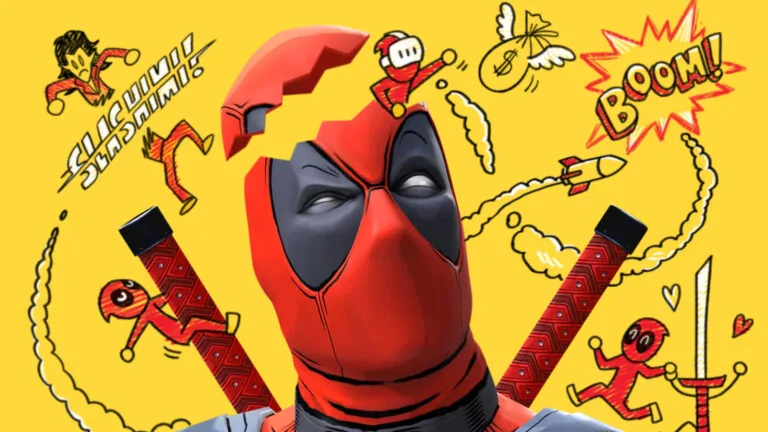 Der Marvel-Held Deadpool auf orangefarbenem Hintergrund mit verschiedenen Zeichnungen kündigt sein VR-Spiel an.