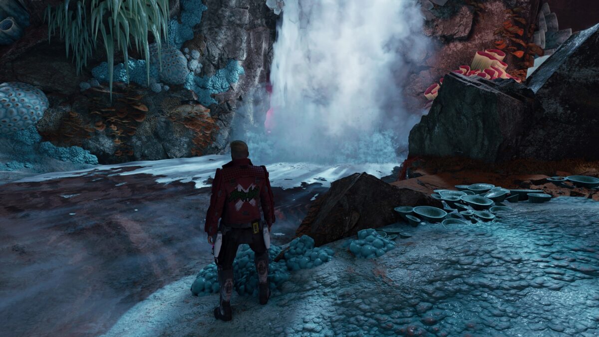 Hinter diesem Wasserfall liegt Gamoras Outfit "Fünf Reiter der Apokalypse" in Marvel's Guardians of the Galaxy.