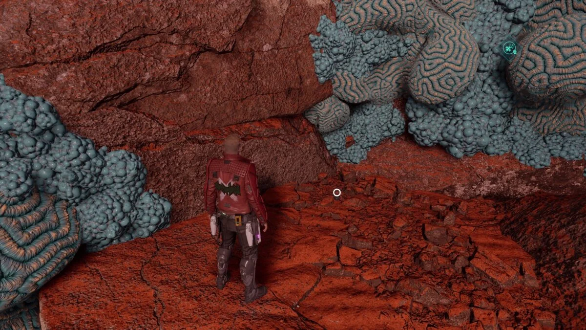 Der Archiv-Eintrag "Eine schwammige Theorie" liegt vor diesem Felsen in der Gruselhöhle in Marvel's Guardians of the Galaxy.