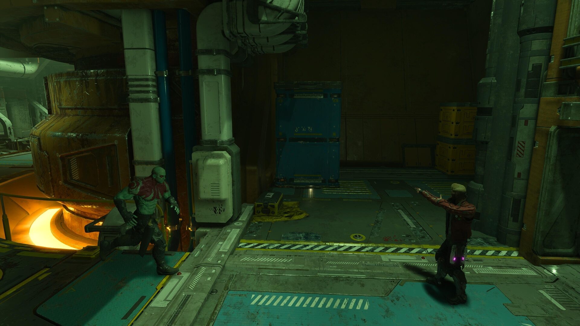 Schickt Drax, um den großen blauen Behälter anzuheben in Marvel's Guardians of the Galaxy.