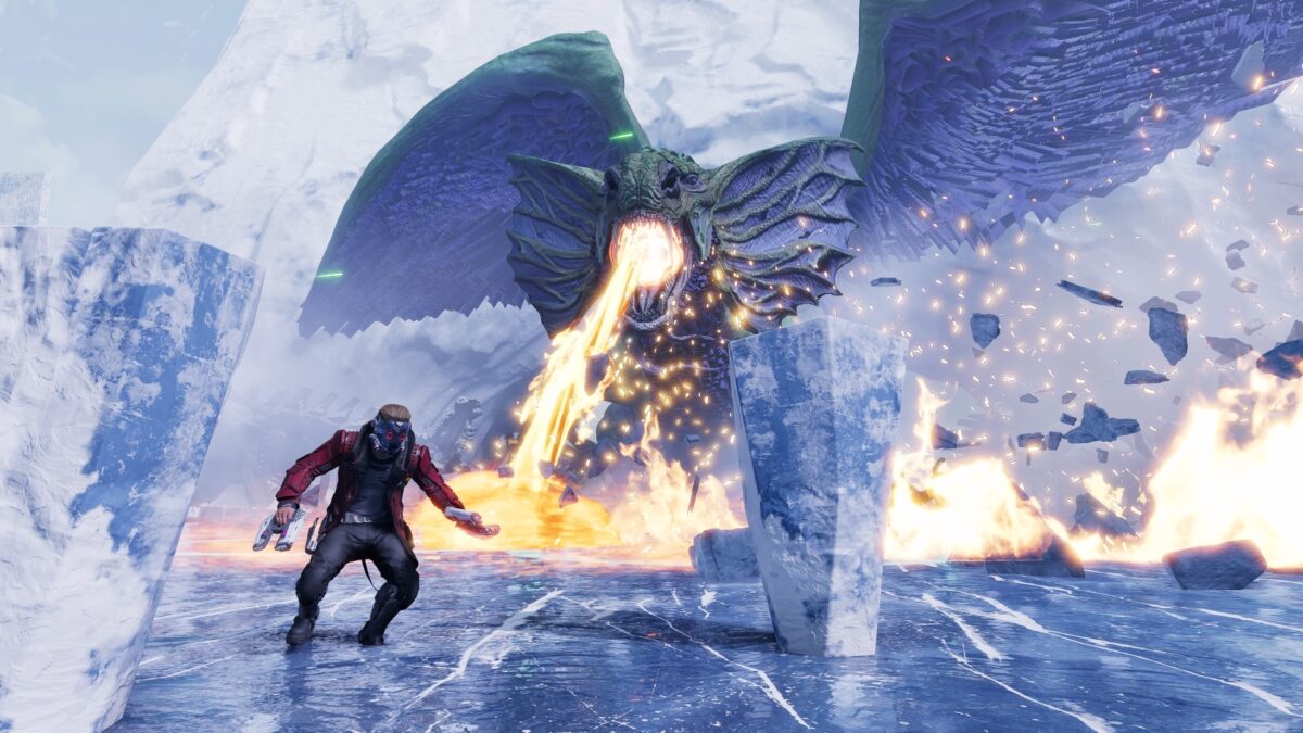 Star-Lord weicht in Marvel's Guardians of the Galaxy einer Feuerattacke des Drachen Fin Fang Foom aus.
