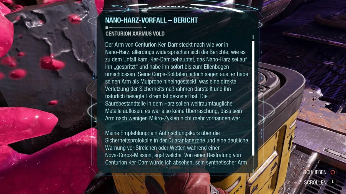 Der Archiv-Eintrag "Nano-Harz-Vorfall-Bericht" in Marvel's Guardians of the Galaxy.