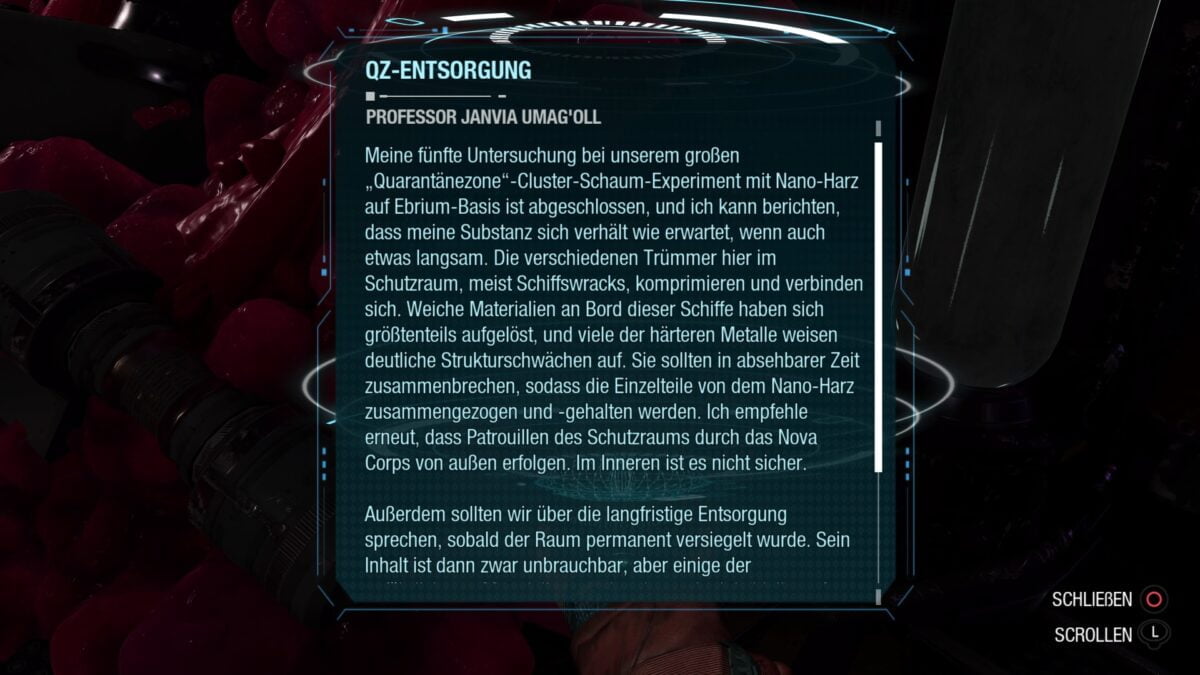 Der Archiv-Eintrag "QZ-Entsorgung" in Marvel's Guardians of the Galaxy.