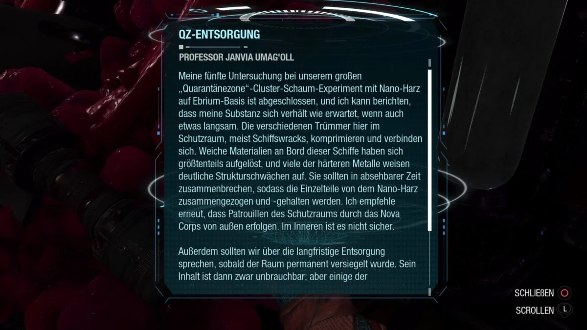 Der Archiv-Eintrag "QZ-Entsorgung" in Marvel's Guardians of the Galaxy.