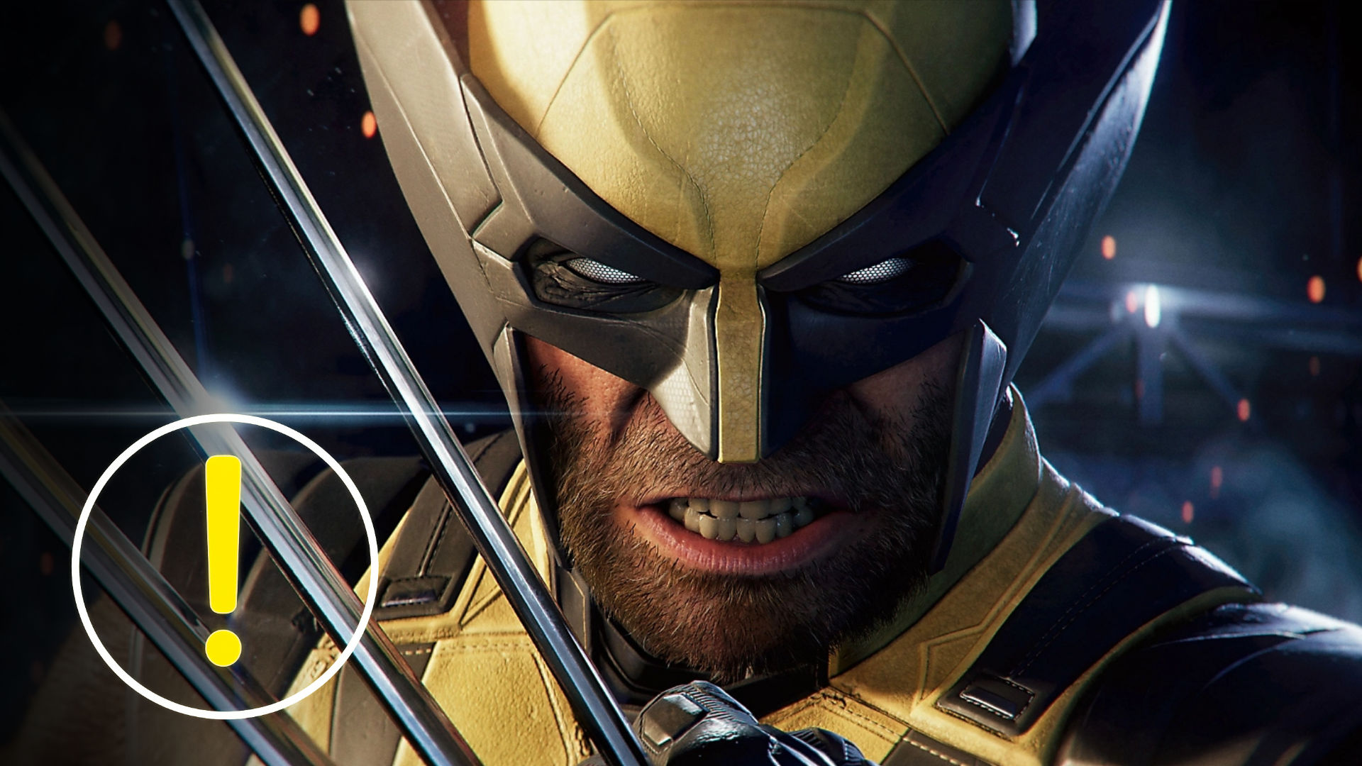 Close-up of Wolverine wearing his mask with adamantium claws drawn—an intense stare and iconic character design from Marvel’s Wolverine.