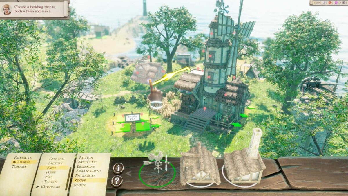 Dorfbau mit Windmühle und Farm aus der Vogelperspektive – Spieler platziert Gebäude per God-Hand-Mechanik im Aufbau-Gameplay von Masters of Albion.