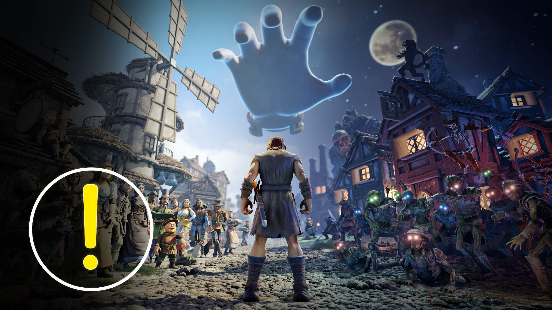 Held steht zwischen Dorfbewohnern und Monsterhorde, über ihm eine riesige magische Hand – Fantasy-Szene aus Masters of Albion mit Strategie- und Actionfokus.