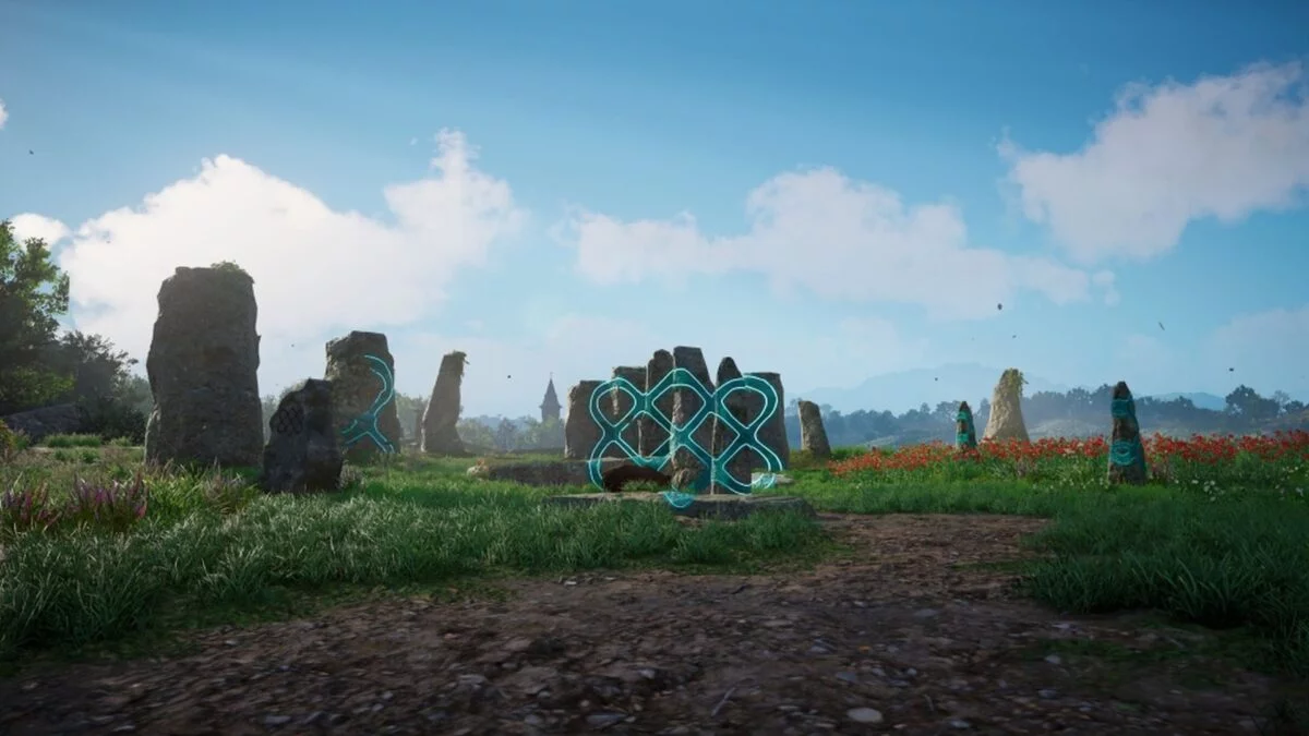 Ein Steinrätsel in Assassin's Creed Valhalla: Im richtigen Blickwinkel ergibt sich ein Symbol auf den großen Felsen.