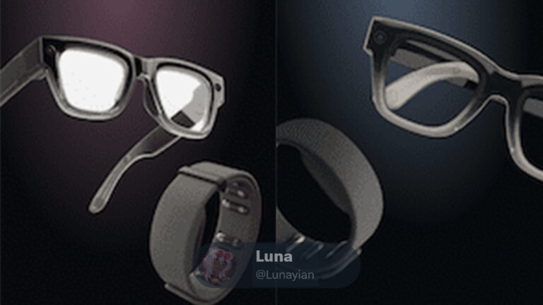 Eine Zusammenstellung von Bildern der Meta Celeste Hypernova Smart Glasses mit Armband.