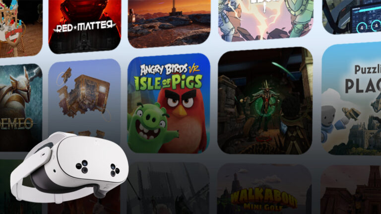 A Meta Quest 3S VR headset. In the background, several cover images of VR games included in the Meta Horizon+ subscription are shown against a bright backdrop.